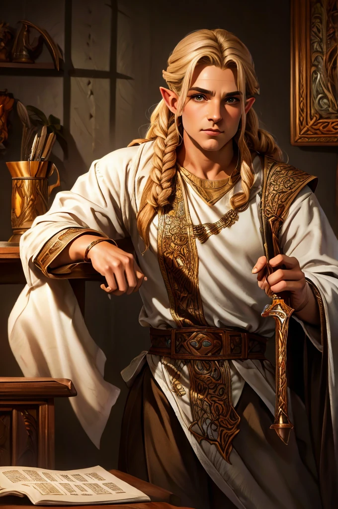 magical bracers, a large curved blade, hair braided, A sword on the wall behind him, a 40-year-old Male Elf is sitting behind a table filled with papers and open books the background an office or a library with lots of papers and maps on the wall. He is wearing a Taoist cleric robe. There is a sword on the wall behind him.
