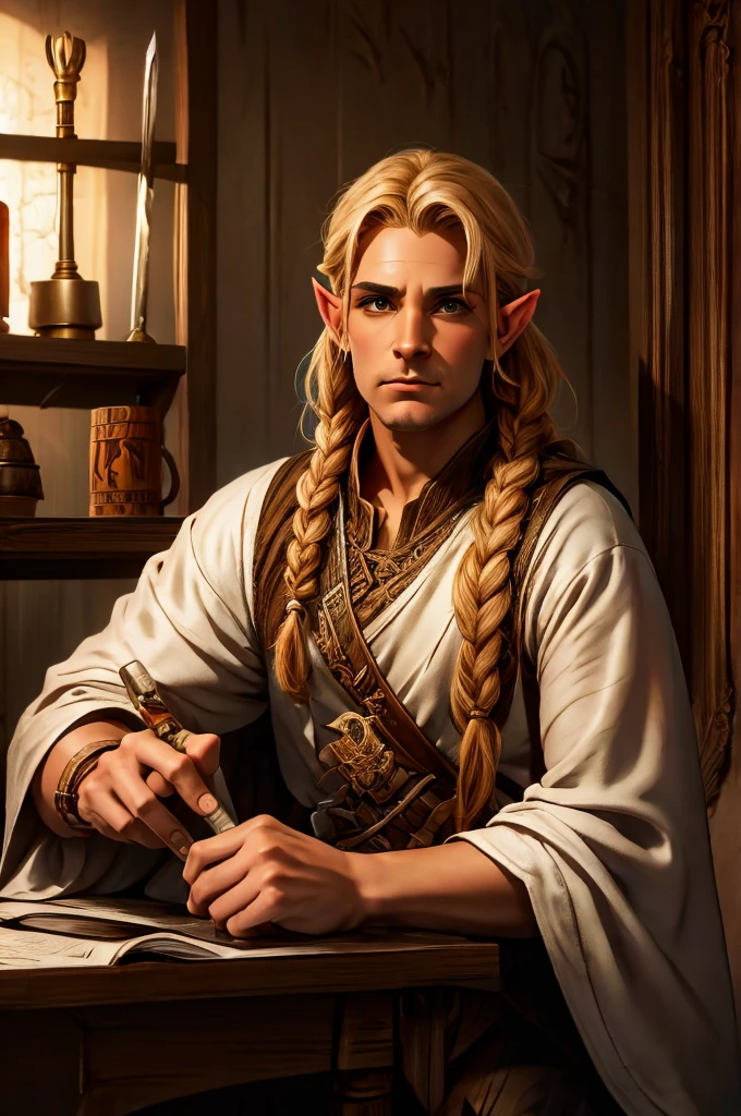 magical bracers, a large curved blade, hair braided, A sword on the wall behind him, a 40-year-old Male Elf is sitting behind a table filled with papers and open books the background an office or a library with lots of papers and maps on the wall. He is wearing a Taoist cleric robe. There is a sword on the wall behind him.
