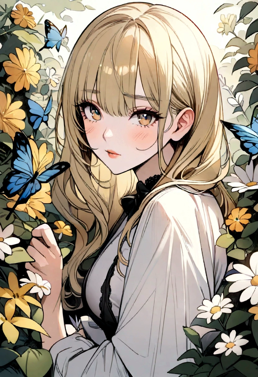 U(masterpiece、top-quality、illustratio、Extremely high quality、high-level image quality、Extremely sensitive writing), Beautiful girl, blonde hair, in the flower garden, butterflies