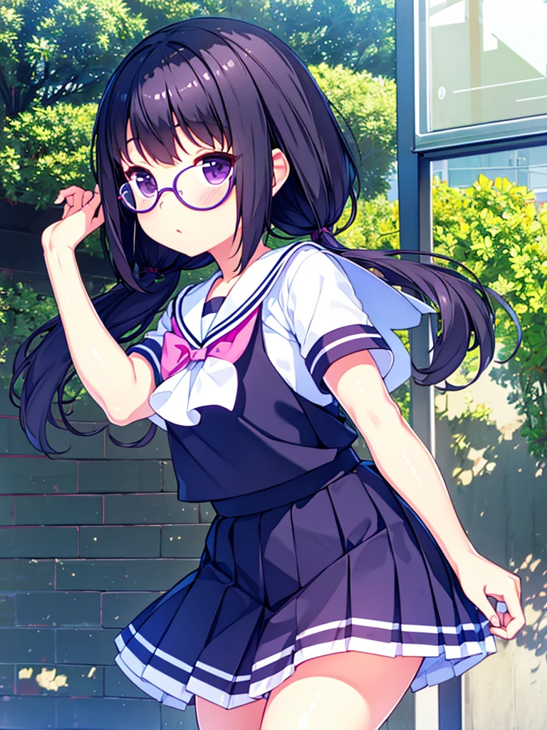 primary school girl 8 years flat chest black fur wide purple eyes 1 person glasses Short sleeve sailor suit navy blue mini skirt white panties white socks sneakers They are standing dynamic angle low angle