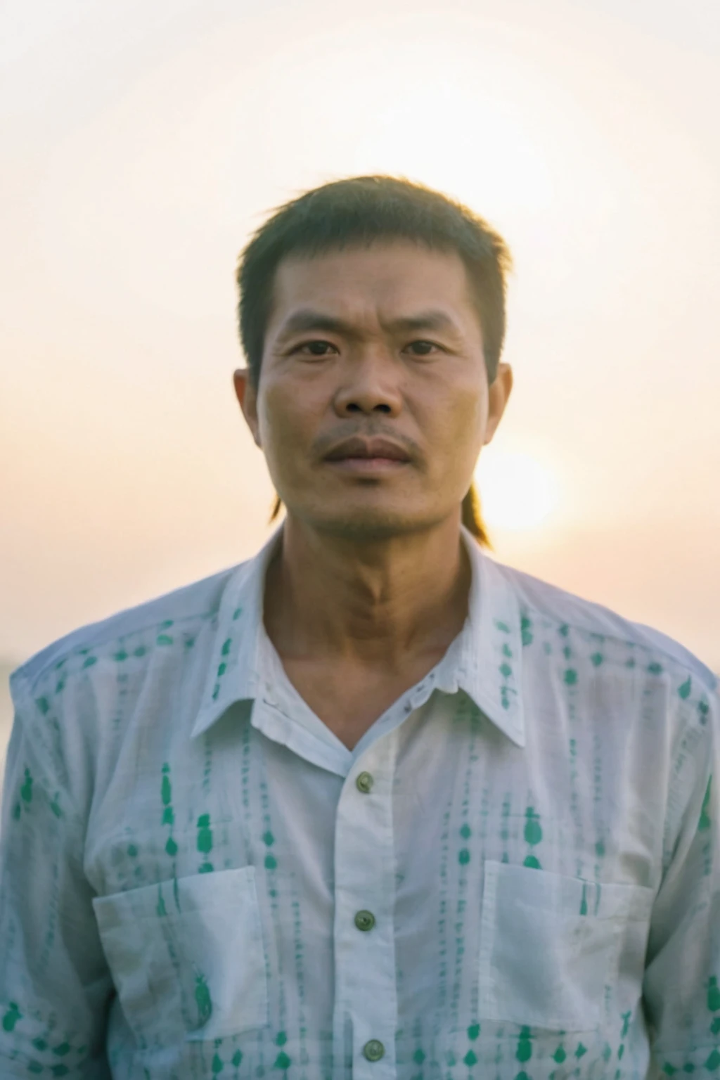 Highly realistic photo, Portrait of a 45 year old Vietnamese old boy, green shirt