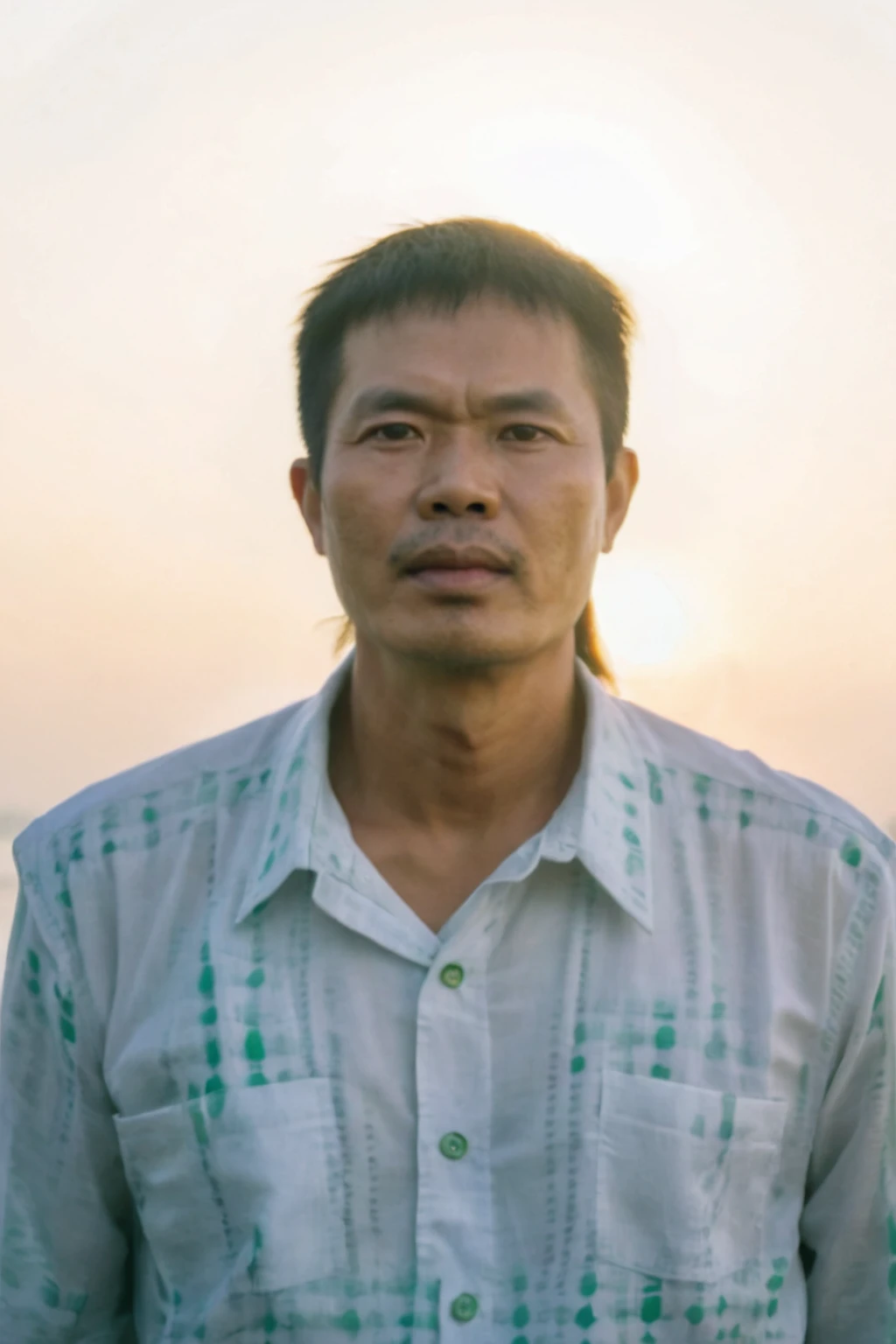 Highly realistic photo, Portrait of a 45 year old Vietnamese old boy, green shirt