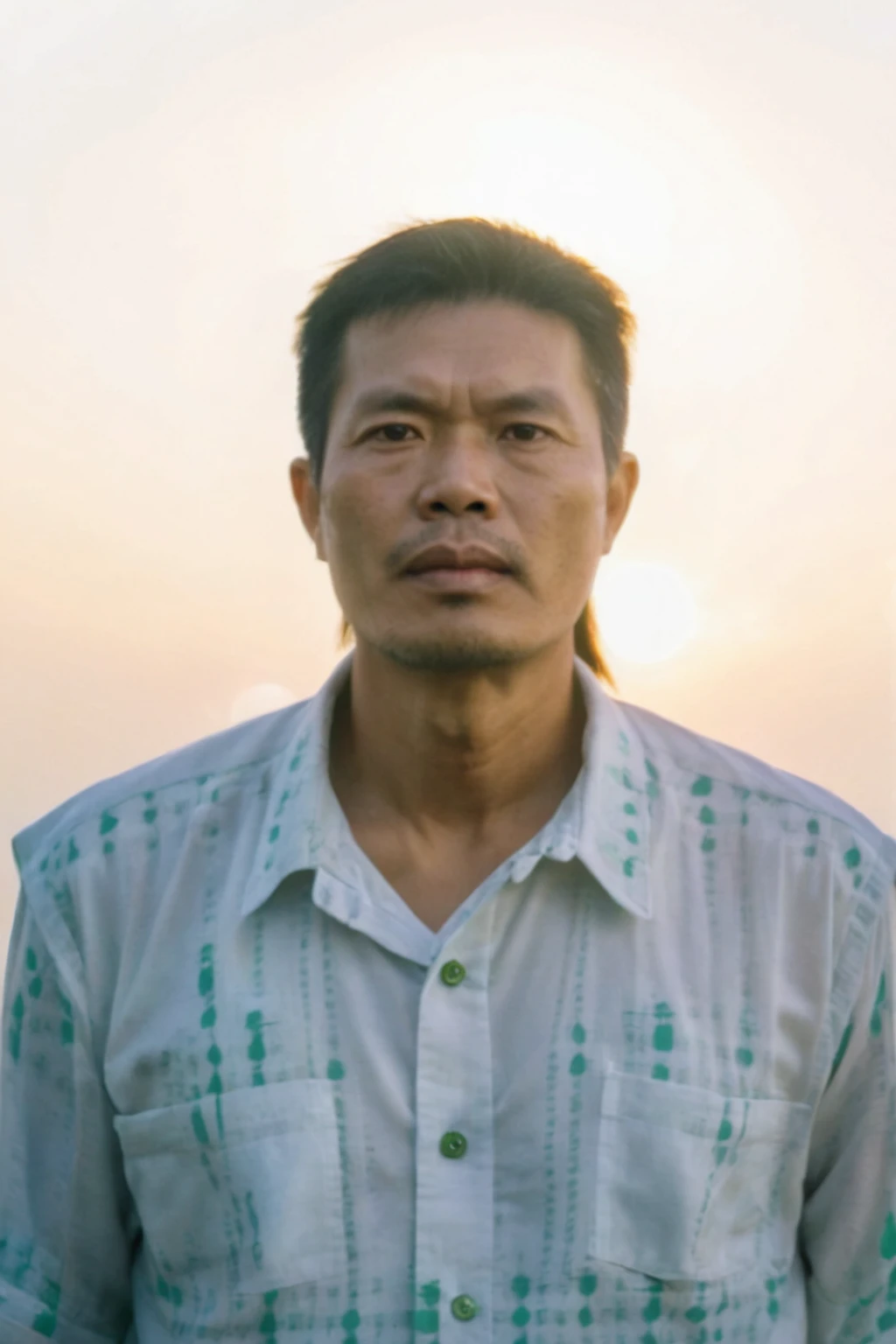 Highly realistic photo, Portrait of a 45 year old Vietnamese old boy, green shirt