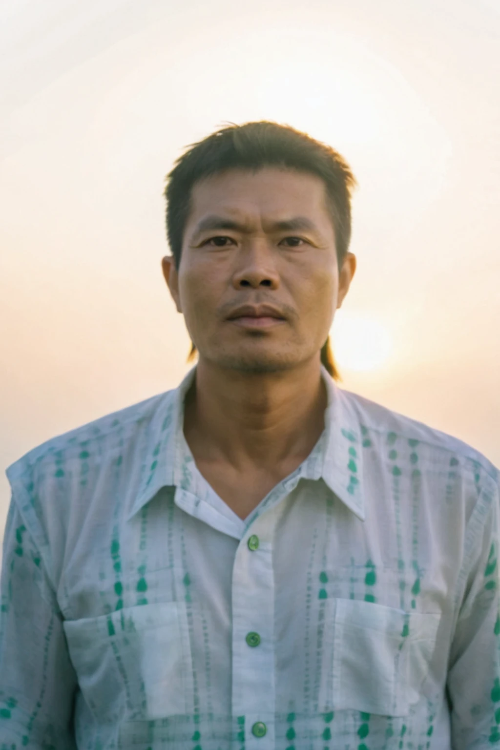 Highly realistic photo, Portrait of a 45 year old Vietnamese old boy, green shirt
