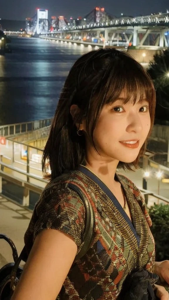 osaka city reference, city street with a river and a bridge at night and cruiser ship at middle of river, japanese city at night, japanese neon signs, japan at night, japanese city, glowing light, Bird eye view: A woman looking at the river、yukata、young woman、Japanese、cute、
