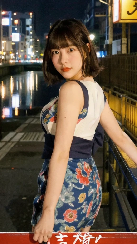 osaka city reference, city street with a river and a bridge at night and cruiser ship at middle of river, japanese city at night, japanese neon signs, japan at night, japanese city, glowing light, Bird eye view: A woman looking at the river、yukata、young woman、Japanese、cute、