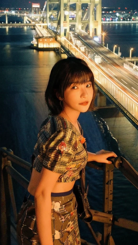 osaka city reference, city street with a river and a bridge at night and cruiser ship at middle of river, japanese city at night, japanese neon signs, japan at night, japanese city, glowing light, Bird eye view: A woman looking at the river、yukata、young woman、Japanese、cute、