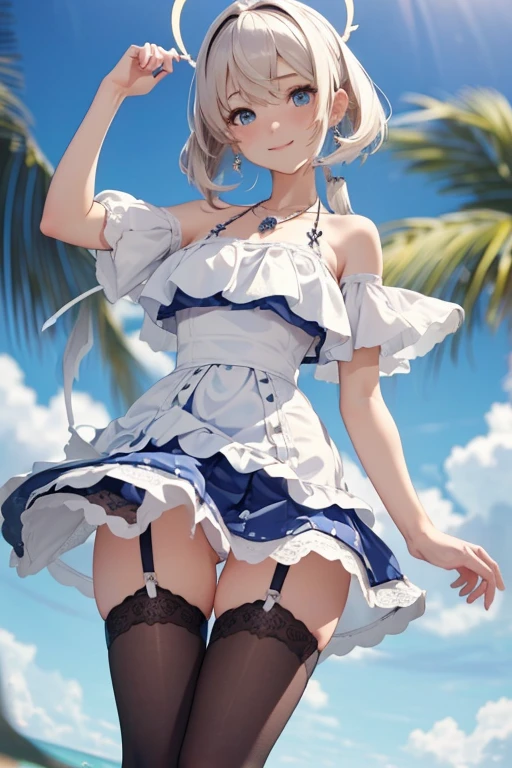 (Tabletop, Highest quality, High resolution, , Pixel Perfect, 4K,), 1 Girl, single, alone, Beautiful woman、I could see the whole body、 ((Wavy mid-length hair, bangs, Black Hair)), ((blue eyes, Beautiful eyelashes, Realistic eyes)), ((Detailed face, blush:1.2)), ((Smooth texture:0.75, Realistic texture:0.65, Realistic:1.1, Anime CG Style)), Soft Breasts, Dynamic Angle, Perfect body, ((, female teacher, , Earrings、necklace、White thin camisole、Dark blue flared skirt、Black knee-high stockings、Spread your legs wide、、A shy smile、Big Breasts)), Excellent、、、evening、Sit at a desk、Massage your breasts with both hands、close your chest with both hands、Her large breasts are exposed、She spread her legs wide、Revealing her light blue lace panties.)、Angle from below)、(masterpiece:1.3), (8K、Realistic, RAW Photos, Highest quality:1.4), (1 Girl), (alone), (A beautiful 15-year-old silver-haired Scandinavian girl), (とても美しくCharmな女性, Beautiful blonde hair、強いblue eyes, Strong eye highlights), (cute, a bit:1.5), (Very beautiful face:1.5), (A beautiful face with perfect symmetry:1.2), (cute face:1.5), (nice smile:1.2), (Perfect Anatomy), (Skin with attention to detail: 1.2), (自然な美しい大きなSoft Breasts), (Exposed large cleavage)(Beautiful thighs), (優しいblue eyes), (Very sexy look),(Beautiful blonde bob cut), クロスしたbangs, 非対称のbangs, Lip gloss, (Accurate Arm, Five Fingers, Accurate legs), (White silky underwear with attention to detail, mini skirt:1.2), (The dress has white lace., Decorated with silver embroidery), (Silver embellished headband, necklace), (Stylish high heels), Charm, 超High resolution, Ultra-realistic, Very detailed, Golden Ratio, Photorealistic, View the viewer, Summer beach resort, Beautiful sea and flower background, ((Beautiful smile))
