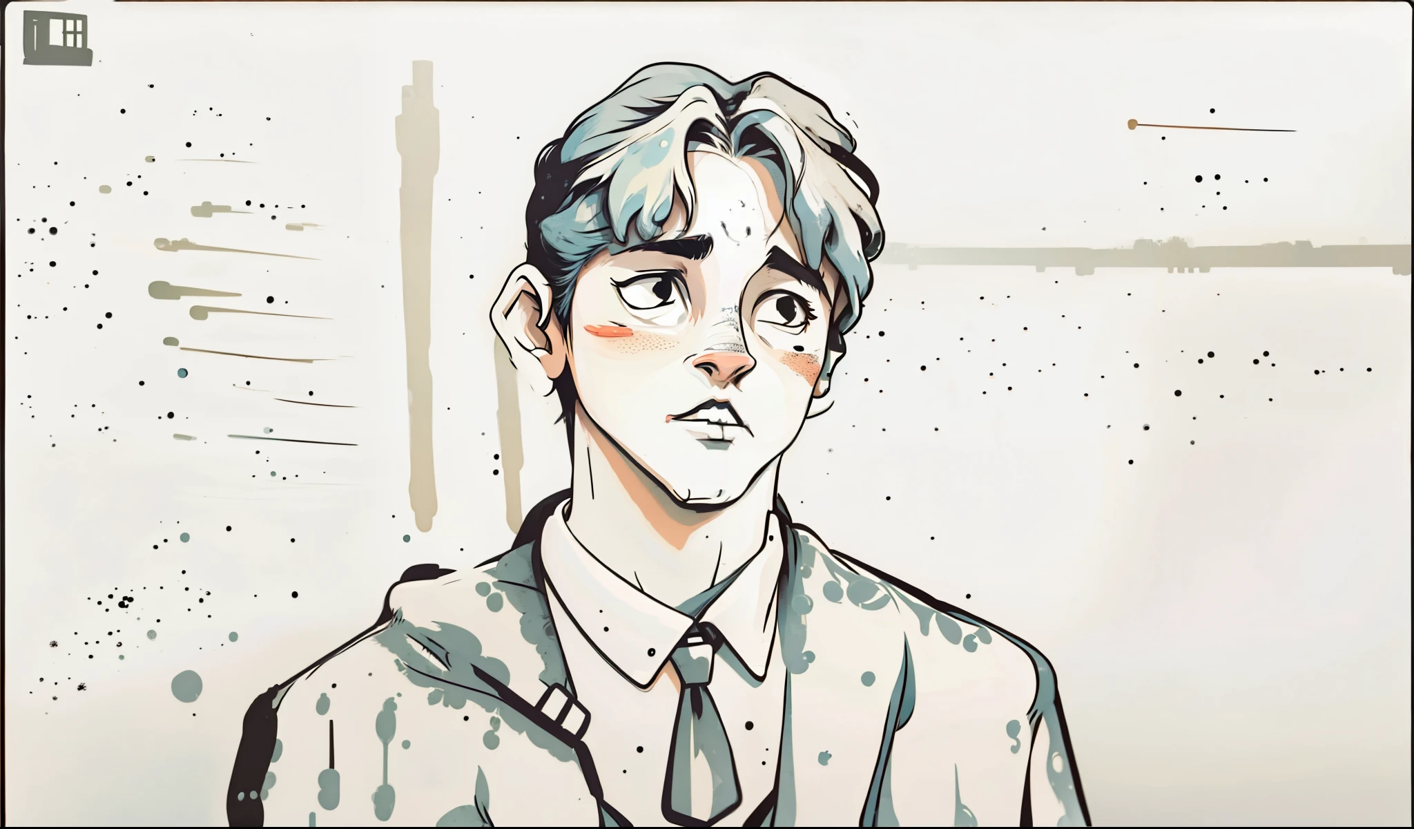 he is talking thoughtfully sad, in the background you can see a town house