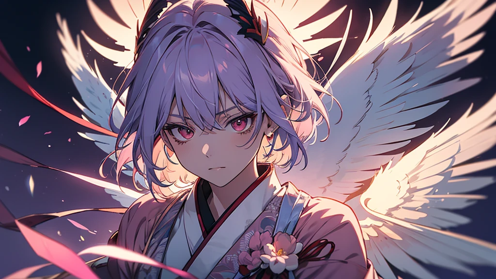 masterpiece, best quality, ultra-detailed, CG illustration, high resolution, better lighting, best shadow, extremely delicate and beautiful, appropriate shading, HD, 8k, ray tracing, hyper detailed and sharp background, perfect lights, anime style, Inspired by the game Mahokenshi: House of Ruby (Tengu, winged mountain kami, aggressive, blue,pink and white colors), strength, samuraipunk, solo, 1 man, Blue hair, red eyes,  adult, obi tassel,