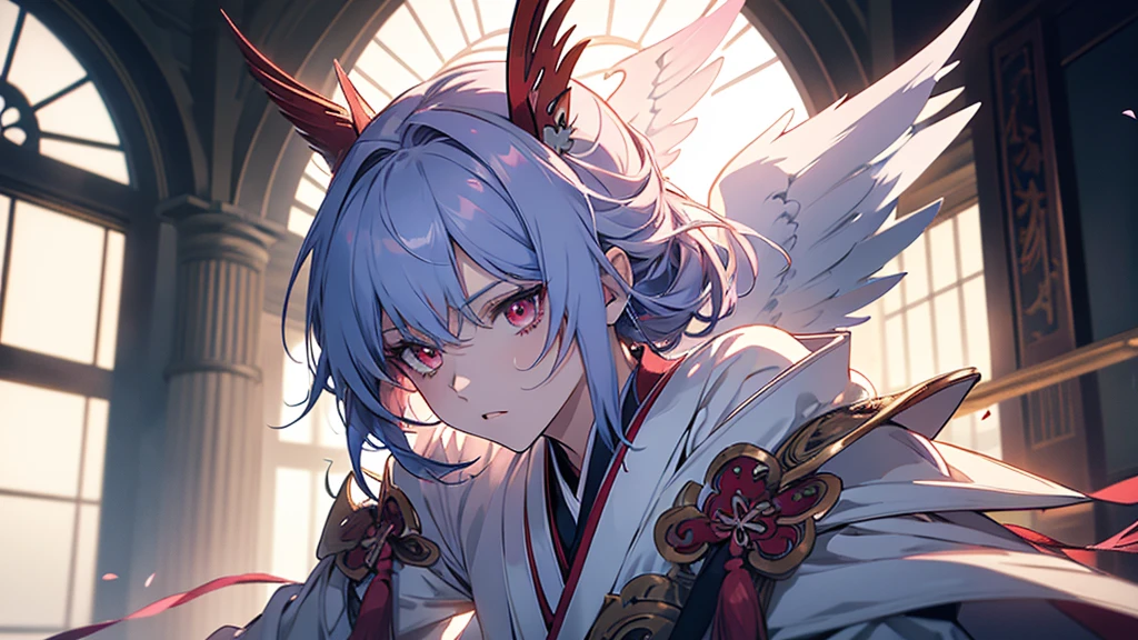 masterpiece, best quality, ultra-detailed, CG illustration, high resolution, better lighting, best shadow, extremely delicate and beautiful, appropriate shading, HD, 8k, ray tracing, hyper detailed and sharp background, perfect lights, anime style, Inspired by the game Mahokenshi: House of Ruby (Tengu, winged mountain kami, aggressive, blue,pink and white colors), strength, samuraipunk, solo, 1 man, Blue hair, red eyes, adult, obi tassel,