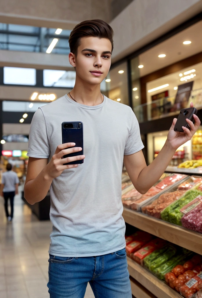ombre brunette slim handsome young man taking selfie realistic, in a shopping center, high quality background