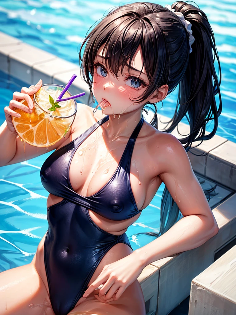 Highest quality,Highest Resolution,A beautiful girl in a leotard swimsuit with a crying face,Poolside at the competition pool,Black hair ponytail,Very beautiful eyes,(((Drink a drink))),Sweat profusely,Tears,Open your mouth wide and drool,Transparent nipples,whole body,Super High Leg,