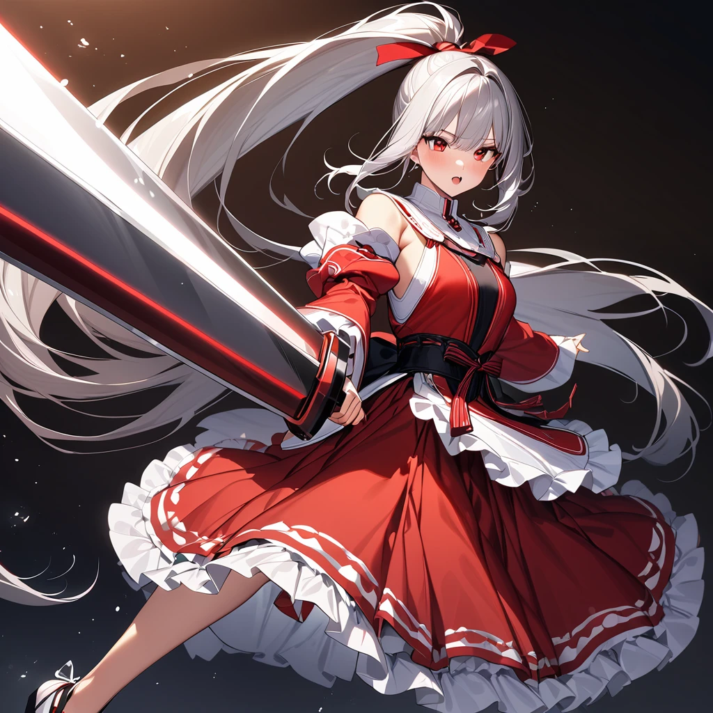 (masterpiece),(Highest quality),(Super detailed),(Best illustrations),(so beautiful), so beautiful長い脚, Silver Hair, Red eyes, Very long hair, High Ponytail, Removable sleeves, skirt, Frills, red skirt, Wide sleeves, Red Shirt, frilled skirt,Sleeves edged with ribbon, Frillsシャツの襟, Bare shoulders, Red vest,long skirt,petticoat,Non-traditional Shrine Maiden, holding weapon, huge_sword, slashing,
