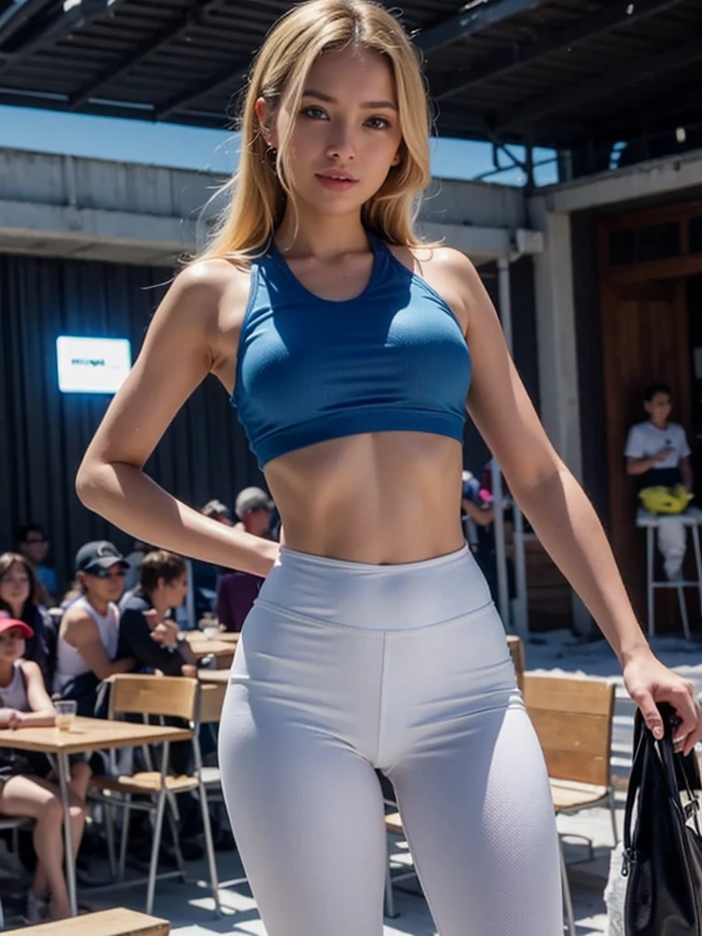 ((smile))、(((Open Stance)))、 ((Sports Bra)), (((Gazing at the audience)))、(White leggings pants)、((Standing with legs open to the sides))、((Sexy young woman's body:1.4)),