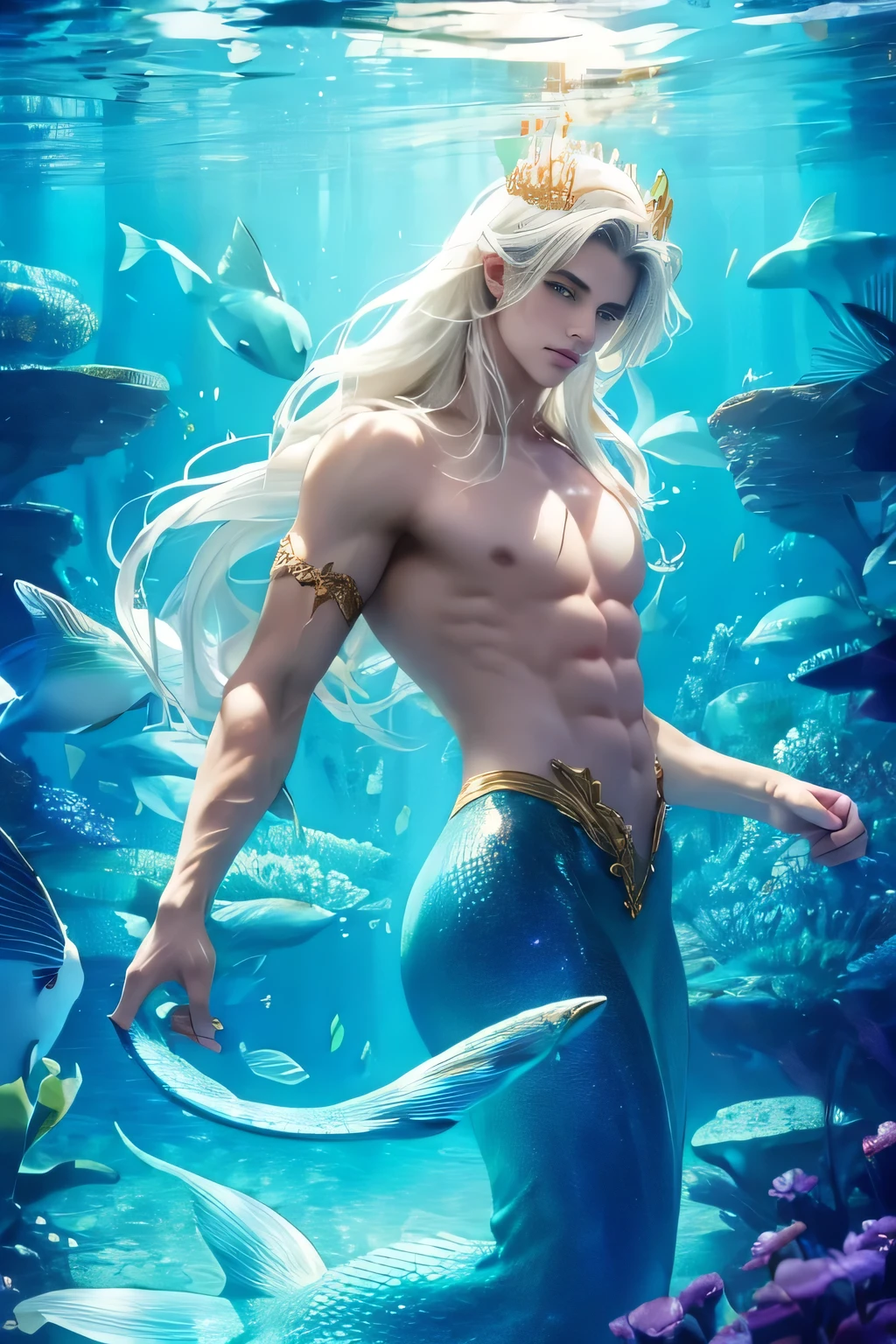 ((Best quality)), ((masterpiece)), 8k (detailed), ((perfect face)) ((halfbody)), perfect proporcions, He is a beautiful merman, he is 18 years old, he has very long white hair, he has bare chest and arms, he has a fish tail, he has a mermaid tail, he has a white mermaid tail, he has a crown on his head, mermaid ears, white skin, he is in an aquarium with fish ((perfect face)) ((magin ambience)) sexy male