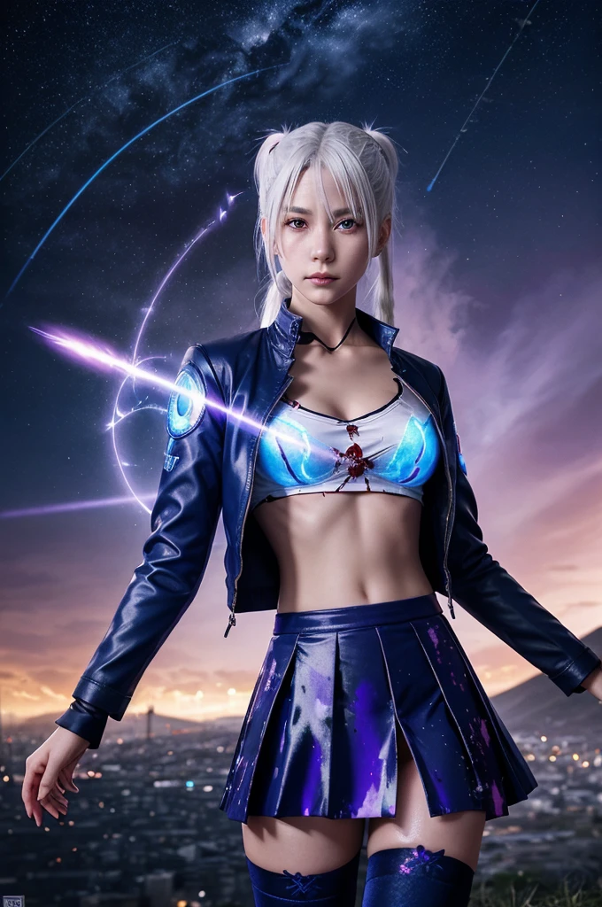1girl, japanese clothes, ponytail ,white hair, purple eyes, magic circle, blue fire, blue flames, wallpaper, landscape, blood, blood splatter, depth of field, night, light particles, light rays, sidelighting, thighs, fate \(series\), genshin impact, ****, open jacket, skirt, thighhighs, cloud