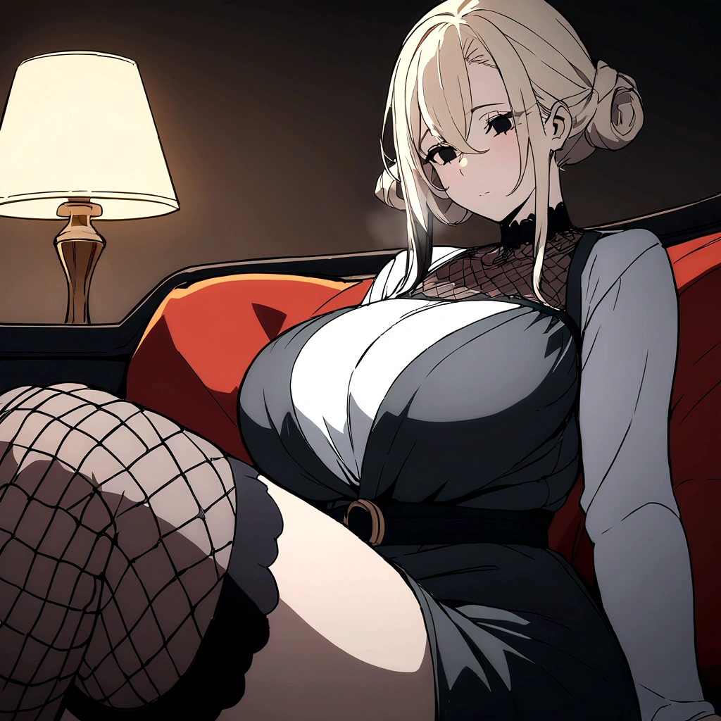 Masterpiece, High quality, High quality of art, best quality, best details, anime lineart, anime style, 1girl, solo, Milf, mommy, big hips, female proportions, big breast, Dark ash hair on a blonde hair base, fragrant hair, black hair, cold gaze, Sitting on the sofa, mesh stockings, black mommy home dress, Gradient hair, black hair roots, white hair tips, black hollow eyes