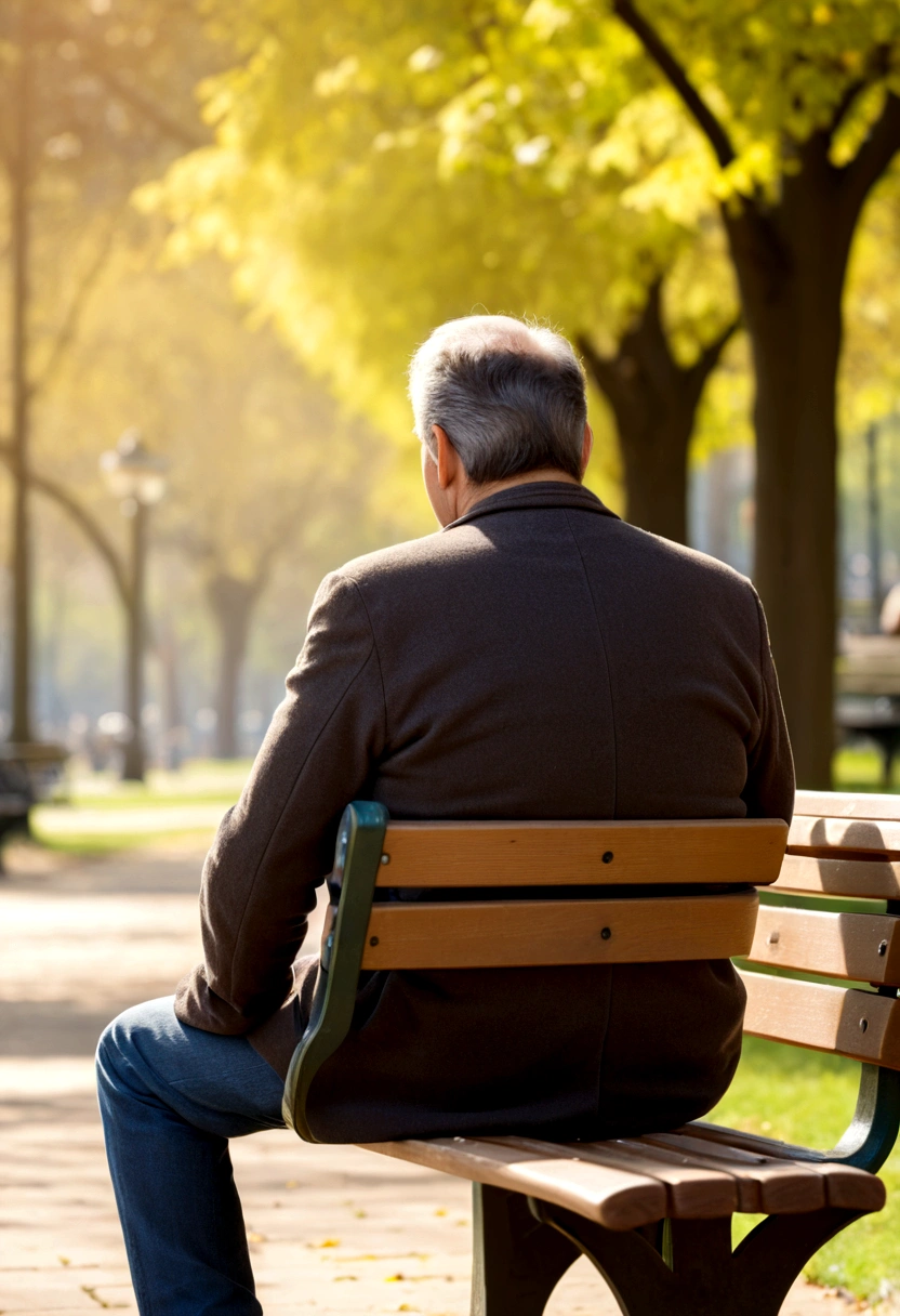 Back view of a sad middle-aged man sitting on a park bench during the day
