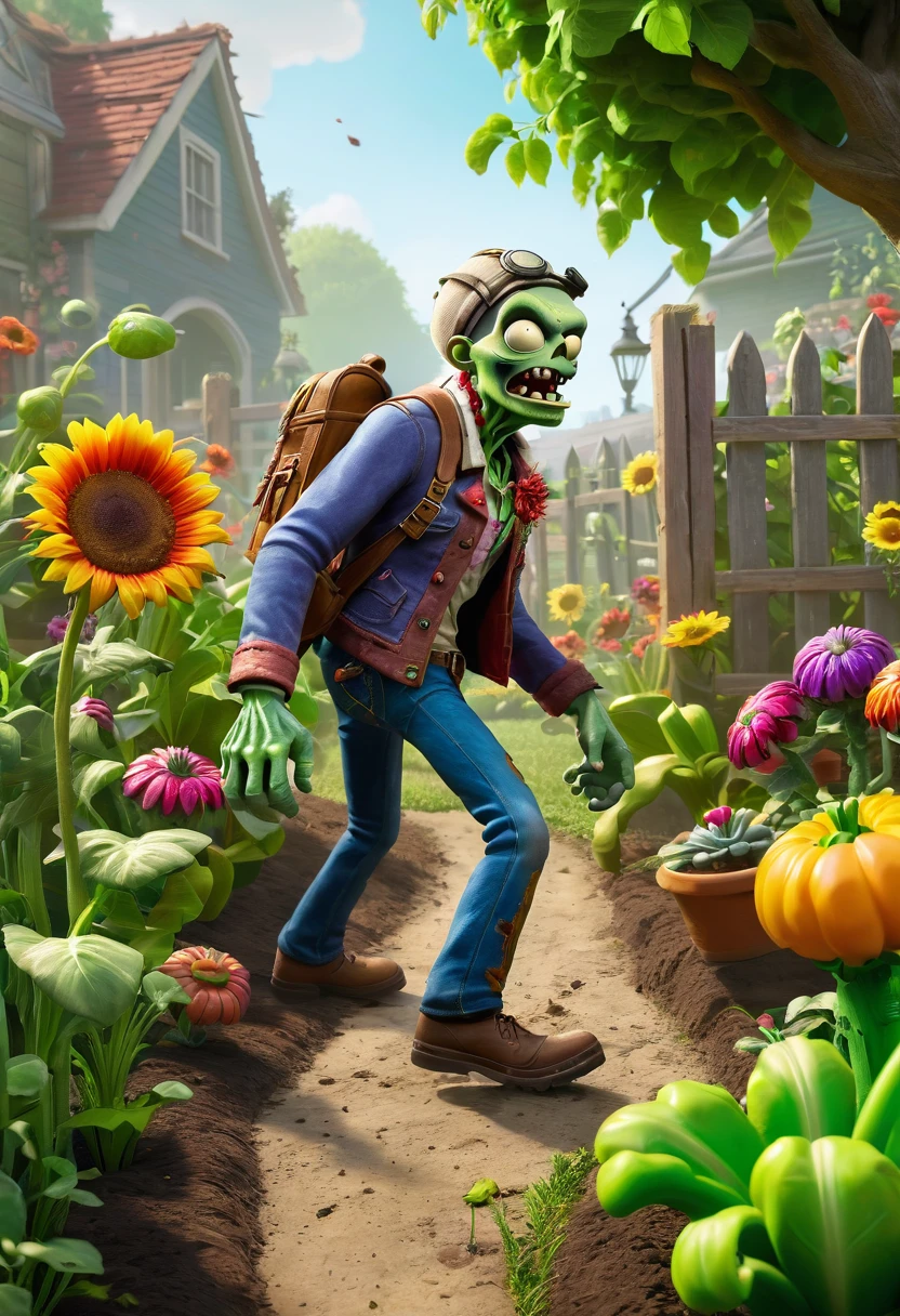 Masterpiece, The best quality, highres, 8k, vivid colors, Photography, plantas versus zombies, un zombie podrido invadiendo un Jardin
