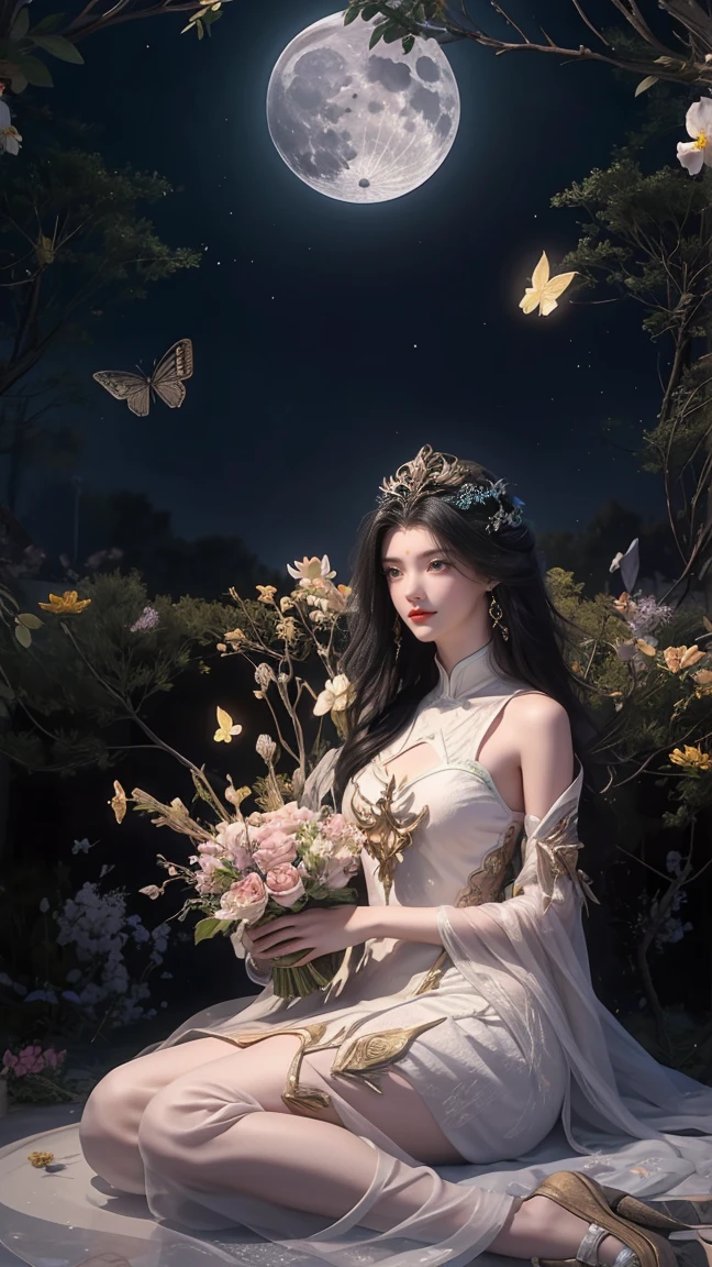 1girl, girl with long black hair, smiling, cheerful, girl is sitting among a wide expanse of flowers, surrounded by beautiful flowers, Calm and peaceful atmosphere, night, moonlight , Beautiful glowing butterflies surround the girl lighting up the darkness of the night, magic,Romantic, the night breeze blows the Sepoi Sepoi girl's hair, 