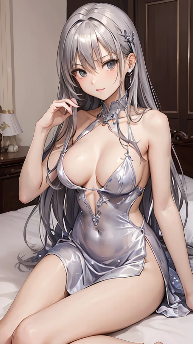 (Highest quality:1.2、Very detailed、up to date、vivid、Ultra-high resolution、High contrast、masterpiece:1.2、Highest quality、Best aesthetics)、Beautiful girl、Perfect body、blush、Closed lipakeup、((Beautiful breasts、tall、Slender Body、Small breasts))、Long silver hair、bangs、((embellished sexy dress))、((I am seducing you))、((logic))、Sit on the bed、Hands on hips、
