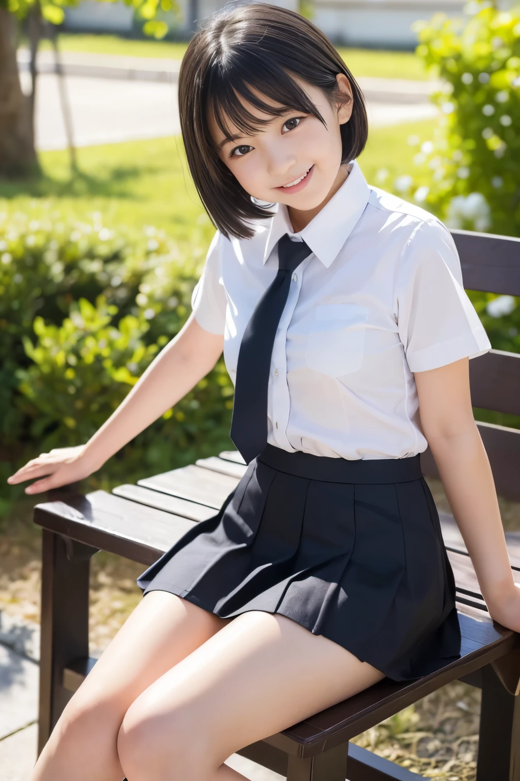 (((masterpiece))),  (Beautiful Japanese Girl, Classmate, Landscape and innocence，cute) ，Ultra-high resolution, Realistic, Ultra-detailed, 8K,Highest quality, Very detailed, Detailed Background,Slender,とてもBeautiful Japanese Girl, Detailed face:1.3), Full-body display，(Short Hair，Black Hair :1.4), (Baby Face，cute系,Adorable 12 year old girl), (Perfect body:1.1),  (school uniform，mini skirt、Sweating、Small white panties), The best smile,非常にDetailed face、Beautiful thighs，Detailed lips、Detailed eyes、 gravure idol，Clear Skin，Sitting on a bench，Girl&#39;s Room