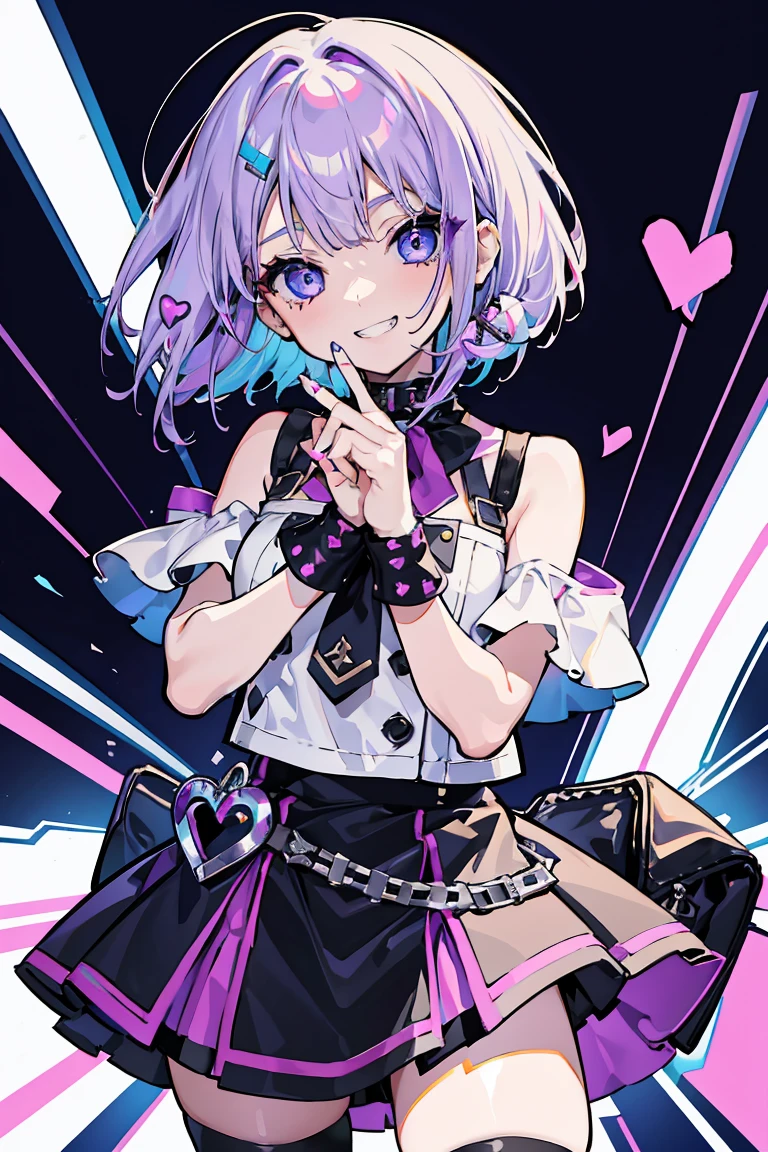 1 Girl, Punk Makeup, (hair ornaments),(Grin), Cute pose, Colorful clothes, White and purple hair, Semi-bob cut, Leather skirt, Gentle expression, Beautiful expression, Bright Blue Eyes, (Hearts in eyes), Cold Background,18-year-old, Colorful Hair, Messy Hair, Romanticism, modern art, Impressionism, reflected light, 8K, masterpiece, Advanced Details, Highest quality,