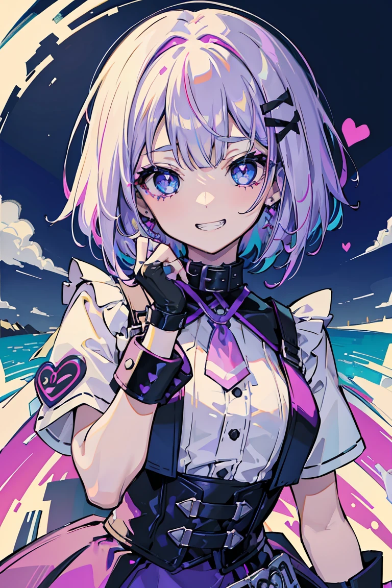1 Girl, Punk Makeup, (hair ornaments),(Grin), Cute pose, Colorful clothes, White and purple hair, Semi-bob cut, Leather skirt, Gentle expression, Beautiful expression, Bright Blue Eyes, (Hearts in eyes), Cold Background,18-year-old, Colorful Hair, Messy Hair, Romanticism, modern art, Impressionism, reflected light, 8K, masterpiece, Advanced Details, Highest quality,