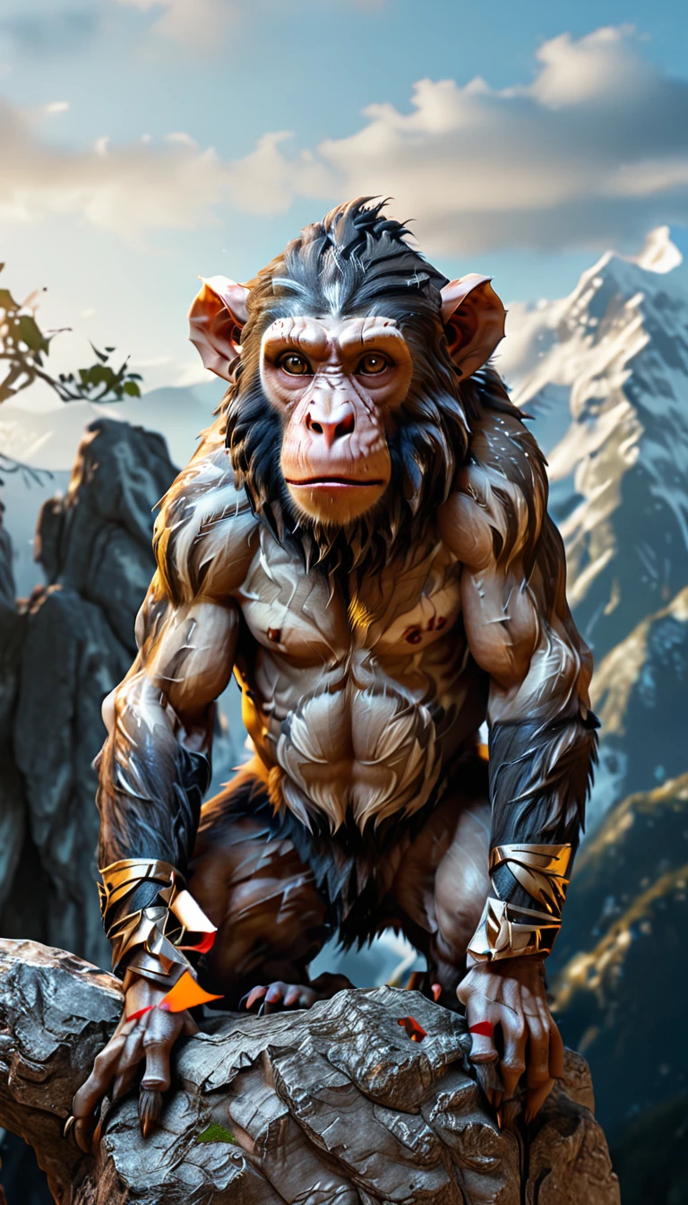 There is a wild beast on the mountain，Looks like a monkey but has four ears（best quality，4K，8K，High level，masterpiece：1.2），Ultra Detailed，（lifelike，Photo real，Photo real：1.37），Highly detailed animals，Complex patterns，Realistic lighting，Fantasy Creatures