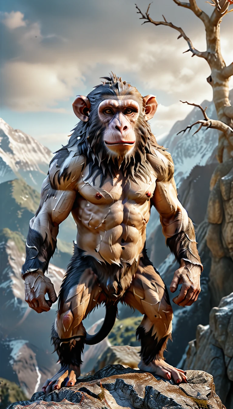 There is a wild beast on the mountain，Looks like a monkey but has four ears（best quality，4K，8K，High level，masterpiece：1.2），Ultra Detailed，（lifelike，Photo real，Photo real：1.37），Highly detailed animals，Complex patterns，Realistic lighting，Fantasy Creatures