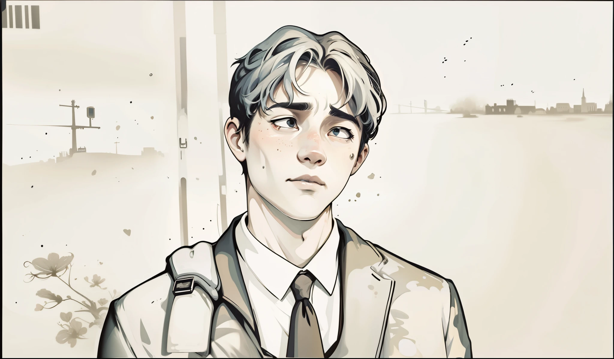he is talking thoughtfully sad, in the background you can see a town house