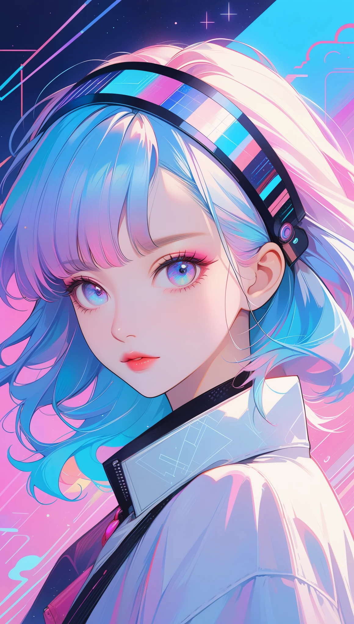 Close-up of person wearing headband,The art of math inspired by Yanjun Cheng,Douban,The art of math,Vibrant fan art,Lofi portrait,guweiz style artwork,new vapor wave,colorful numbers,Internet aesthetics,kpop idol portrait,yanjun chengt,Digital anime illustration,NFT portrait,Digital Cyberpunk Animation Art.,