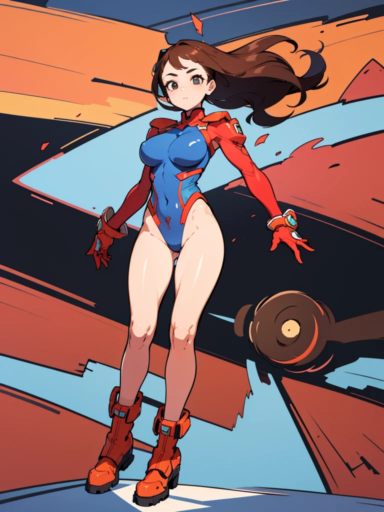 1girl, solo, solo focus, a female superhero spins in place like a tornado, medium breasts, standing straight, leotard, red and blue leotard, bare legs, boots, matching boots, gloves, matching gloves, brown hair, spiral lines, ((full body:1.5)), ((perfect anatomy)), ((perfect hands)), ((super detailed)), (((perfect face))),