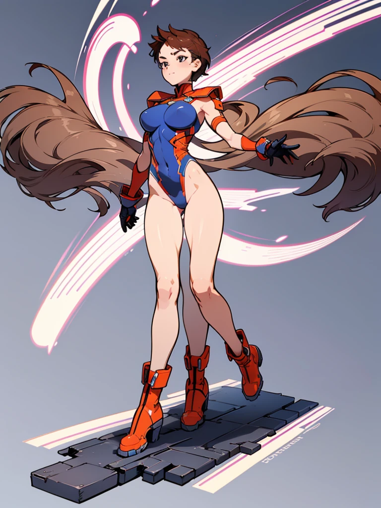 1girl, solo, solo focus, a female superhero spins in place like a tornado, medium breasts, standing straight, leotard, red and blue leotard, bare legs, boots, matching boots, gloves, matching gloves, brown hair, spiral lines, ((full body:1.5)), ((perfect anatomy)), ((perfect hands)), ((super detailed)), (((perfect face))),
