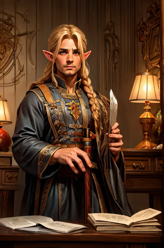 magical bracers, a large curved blade, hair braided, A sword on the wall behind him, a 40-year-old Male Elf is sitting behind a table filled with papers and open books the background an office or a library with lots of papers and maps on the wall. He is wearing a Taoist cleric robe. There is a sword on the wall behind him.
