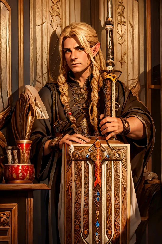 magical bracers, a large curved blade, hair braided, A sword on the wall behind him, a 40-year-old Male Elf is sitting behind a table filled with papers and open books the background an office or a library with lots of papers and maps on the wall. He is wearing a Taoist cleric robe. There is a sword on the wall behind him.
