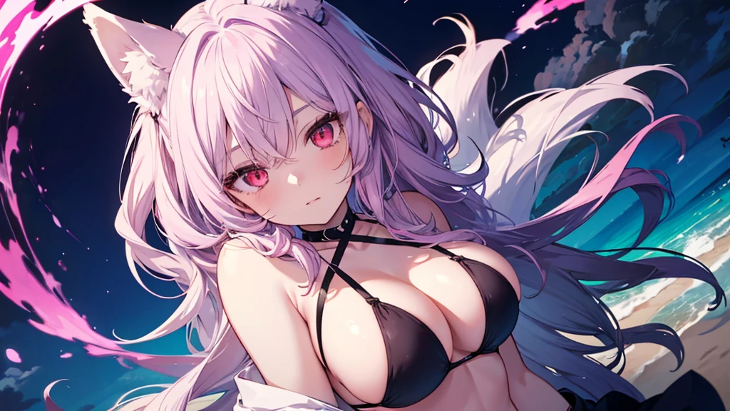 Beautiful foxgirl, large breasts,purple hair with pink highlights tips, masterpiece , red eyes, sexy, anime styled, 2D, mature, dynamic angle, long hair, fox tails, best quality, extremely detailed face, sharp details, high contrast, black bikini, beach, night time