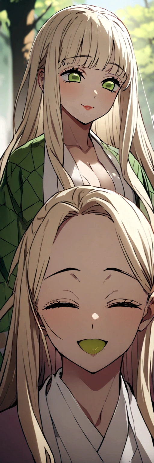 Masterpiece, Best Quality, a girl、light blonde hair、long hair、green eyes、wearing haori、smiley、Kimetsu no Yaiba 