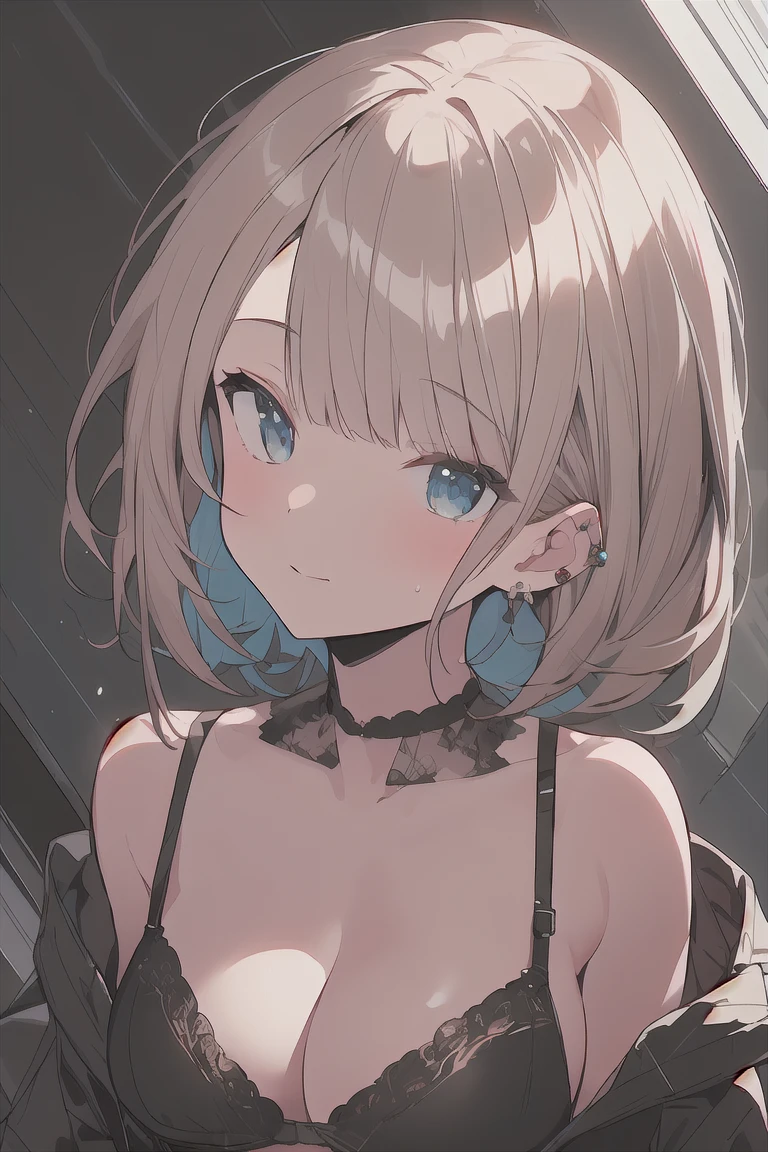 (best quality), (Super detailed), (Best Illustration), (masterpiece), score_9, score_8_up, score_7_up, (8k), (1woman), (black bra:1.2), (large breasts), {brown hair, (sideburns), (bob cut:1.3), curly hair, hairs between eyes, colored inner hair}, {(detailed eyes), twinkle(in the eyes), blue eyes}, blush, earring,