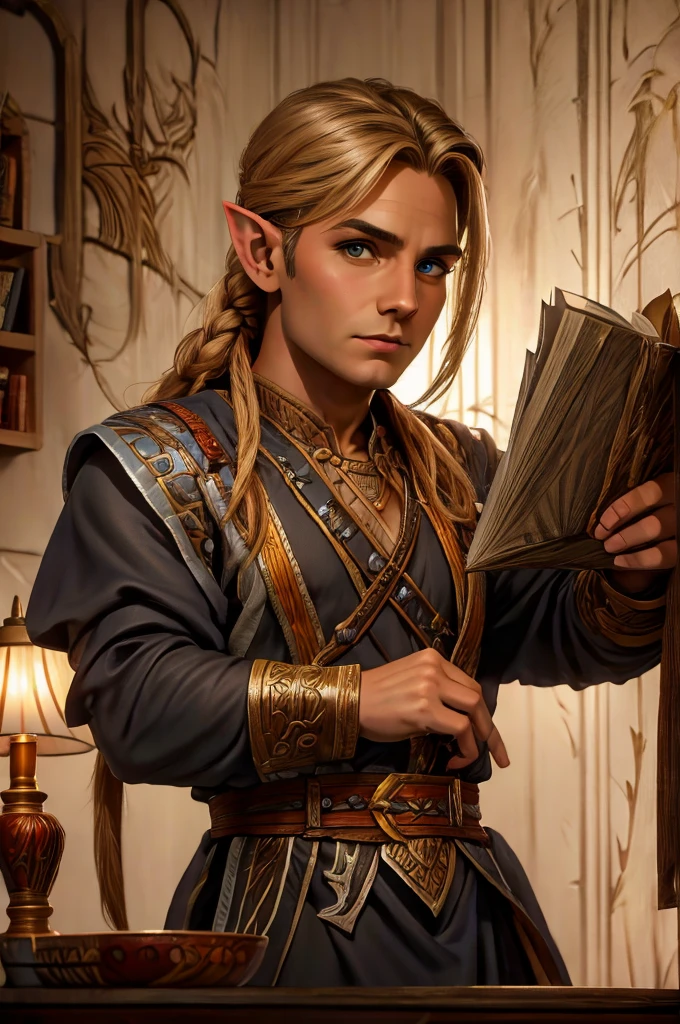 magical bracers, a large curved blade, hair braided, A sword on the wall behind him, a 40-year-old Male Elf is sitting behind a table filled with papers and open books the background an office or a library with lots of papers and maps on the wall. He is wearing a Taoist cleric robe. There is a sword on the wall behind him.
