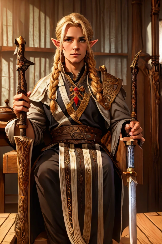 magical bracers, a large curved blade, hair braided, A sword on the wall behind him, a 40-year-old Male Elf is sitting behind a table filled with papers and open books the background an office or a library with lots of papers and maps on the wall. He is wearing a Taoist cleric robe. There is a sword on the wall behind him.
