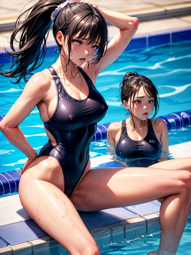 Highest quality,Highest Resolution,A beautiful girl in a leotard swimsuit with a crying face,Poolside at the competition pool,Black hair ponytail,Very beautiful eyes,(((Drink a drink))),Sweat profusely,Tears,Open your mouth wide and drool,Transparent nipples,whole body,Super High Leg,