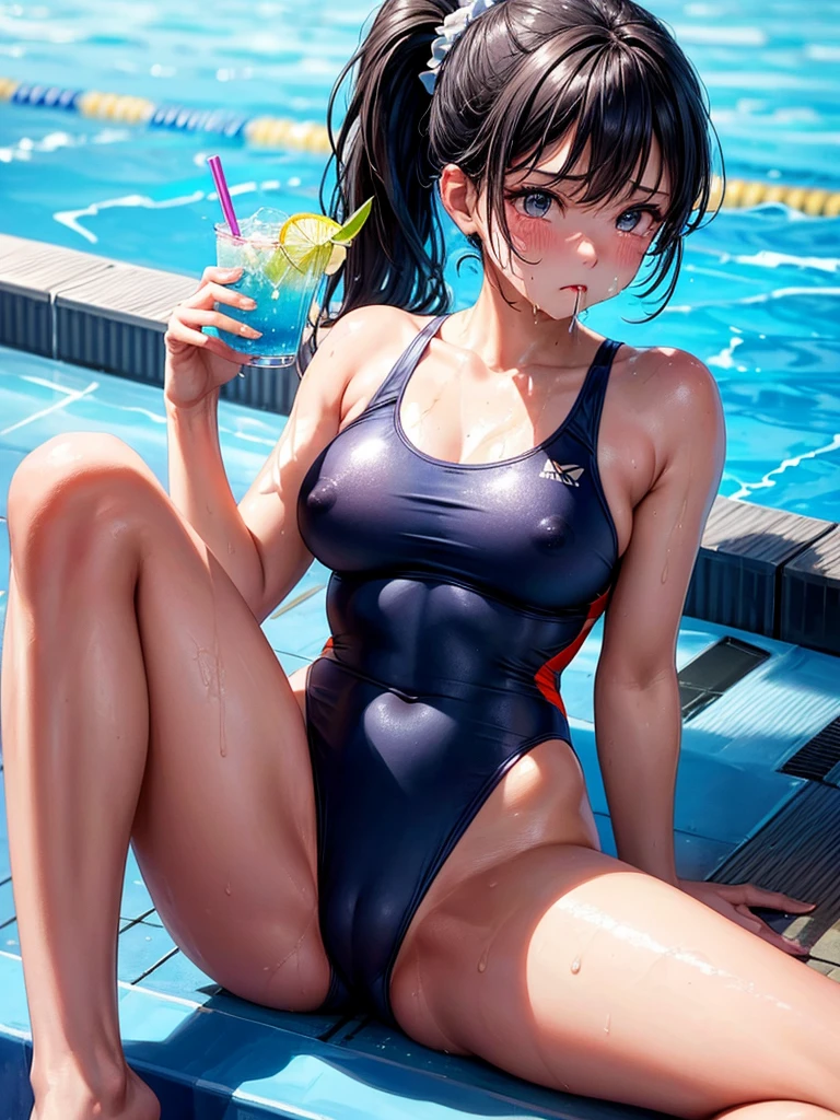 Highest quality,Highest Resolution,A beautiful girl in a leotard swimsuit with a crying face,Poolside at the competition pool,Black hair ponytail,Very beautiful eyes,(((Drink a drink))),Sweat profusely,Tears,Open your mouth wide and drool,Transparent nipples,whole body,Super High Leg,