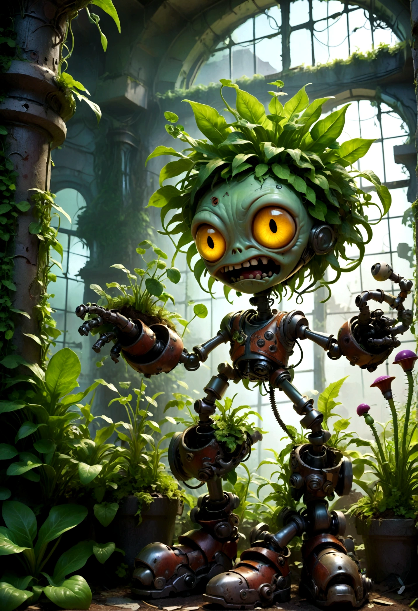 Plants vs. Zombies, detailed plants vs zombies, botanical garden, overgrown greenery, nature vs technology, vibrant colors, lush foliage, decaying ruins, post-apocalyptic, dark fantasy, cinematic lighting, dramatic shadows, highly detailed, intricate textures, 8k, masterpiece, best quality, very aesthetic, absurdres