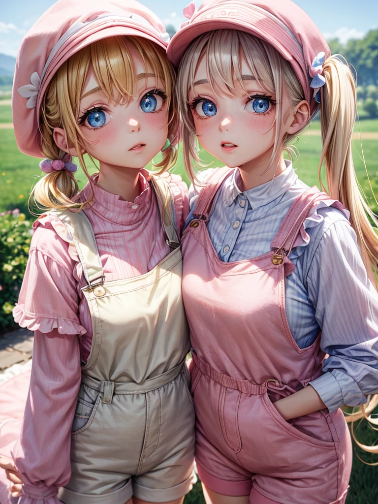 an adult woman, blue eyes, Blonde, hair in two pigtails, pink vests, pink dress with white overalls, a pink hat on her head, in a calm and sweet environment