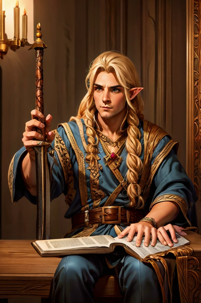 magical bracers, a large curved blade, hair braided, A sword on the wall behind him, a 40-year-old Male Elf is sitting behind a table filled with papers and open books the background an office or a library with lots of papers and maps on the wall. He is wearing a Taoist cleric robe. There is a sword on the wall behind him.
