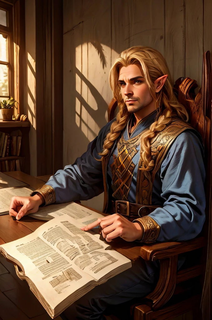 magical bracers, a large curved blade, hair braided, A sword on the wall behind him, a 40-year-old Male Elf is sitting behind a table filled with papers and open books the background an office or a library with lots of papers and maps on the wall. He is wearing a Taoist cleric robe. There is a sword on the wall behind him.
