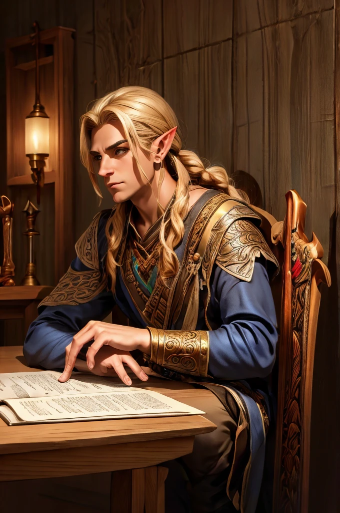 magical bracers, a large curved blade, hair braided, A sword on the wall behind him, a 40-year-old Male Elf is sitting behind a table filled with papers and open books the background an office or a library with lots of papers and maps on the wall. He is wearing a Taoist cleric robe. There is a sword on the wall behind him.
