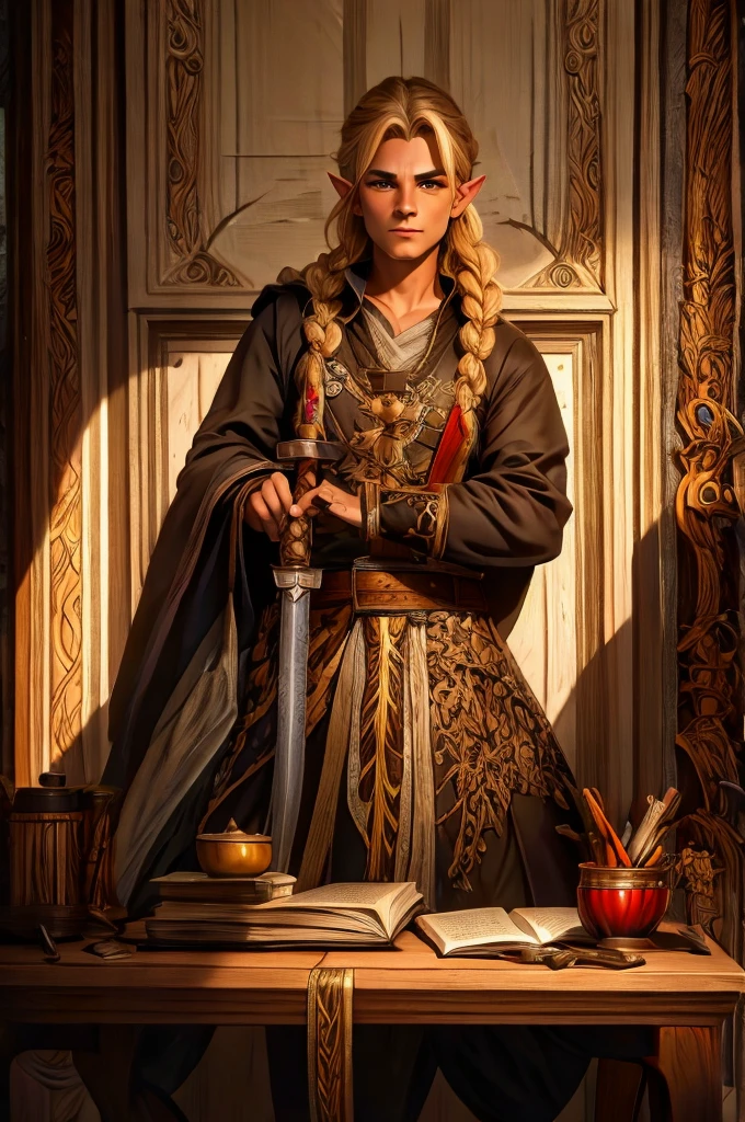 magical bracers, a large curved blade, hair braided, A sword on the wall behind him, a 40-year-old Male Elf is sitting behind a table filled with papers and open books the background an office or a library with lots of papers and maps on the wall. He is wearing a Taoist cleric robe. There is a sword on the wall behind him.
